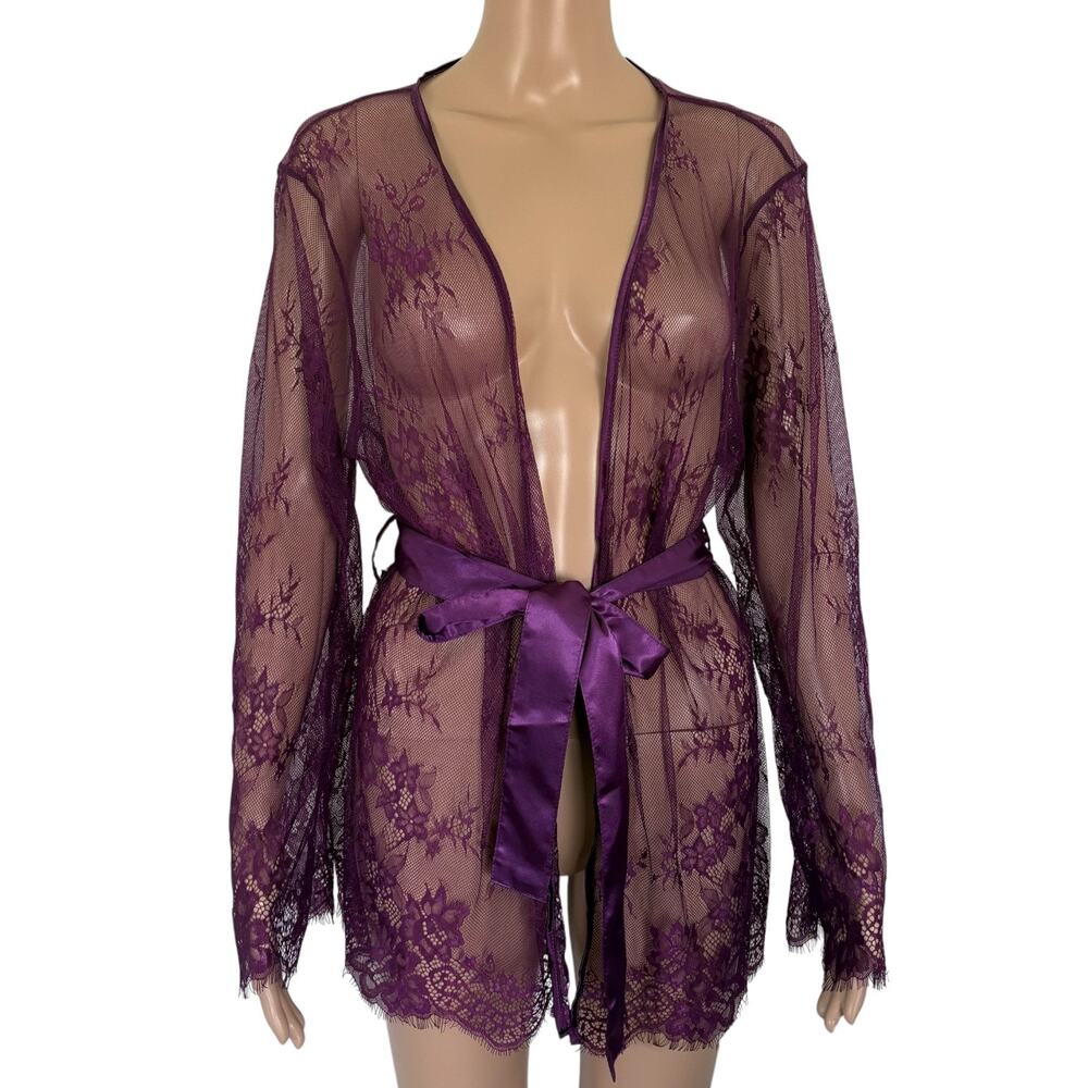 Sheer Lace Kimono Robe Cover Up Floral Boudoir Goth 1XL Purple Whimsigoth Witchy